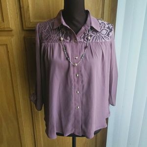 AGACI - Lace Button Down Shirt (Dark Rose color)